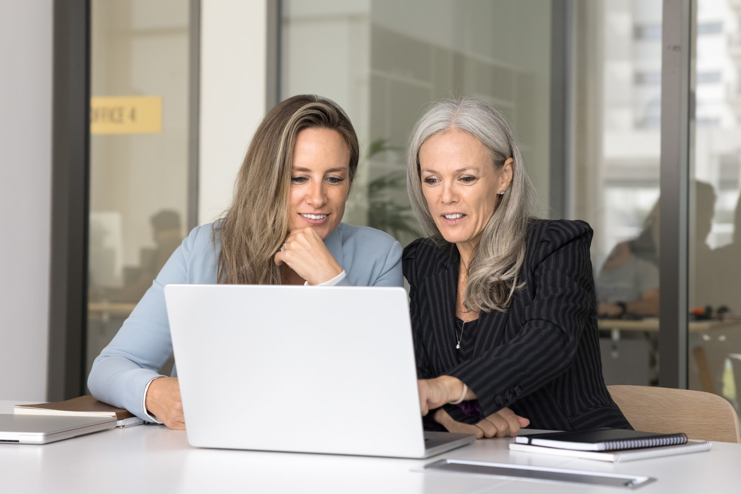 Manager selling company services to client, presenting visuals on laptop displaying product presentations or designs, showing data and reports, discussing commercial offer at formal meeting in office